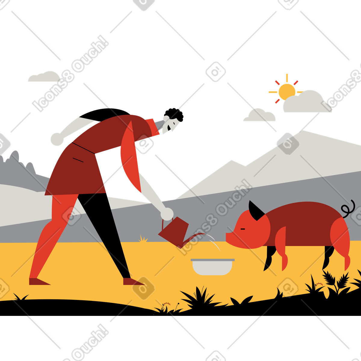 Ilustración Granjero dándole de beber a un cerdo en estilo Burgundy descargar en PNG y SVG