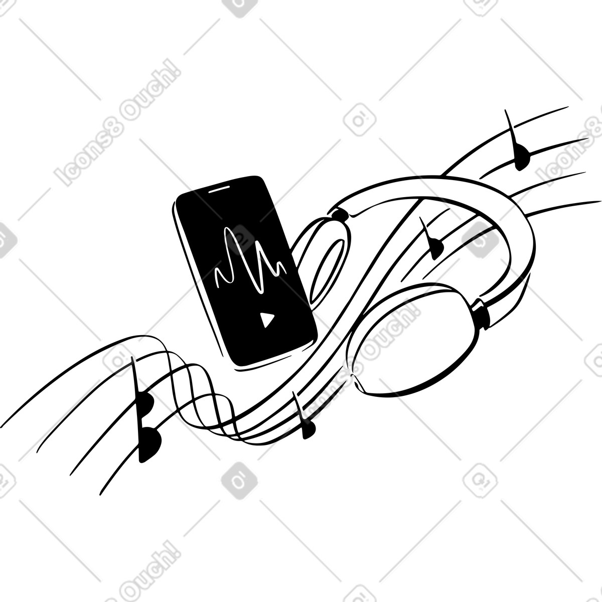Ilustração de Telefone com fones ouvido cercados por notas musicais em no estilo Line para baixar em PNG, SVG