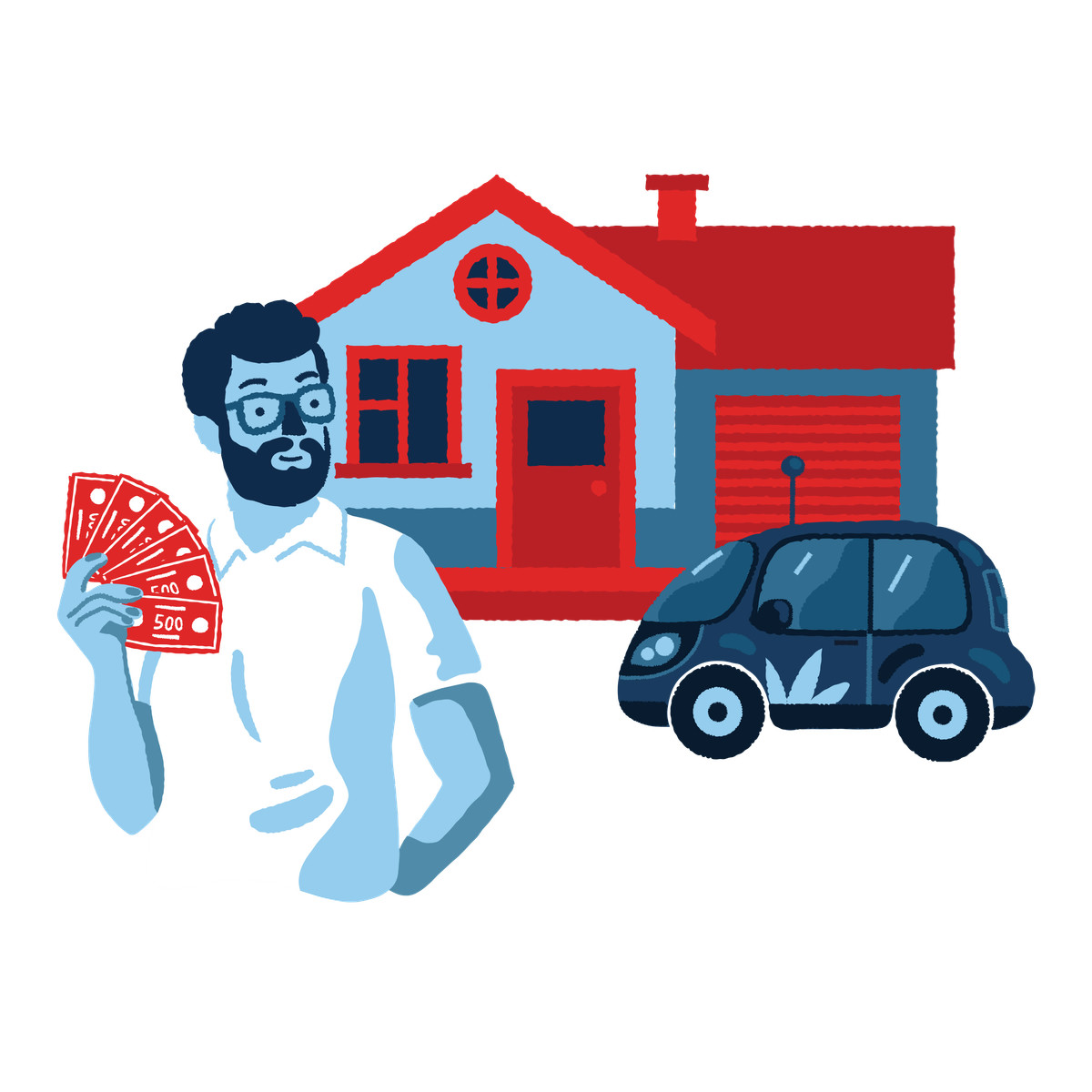 Illustration Rich man with car and house dans le style Cherry à télécharger aux formats PNG, SVG