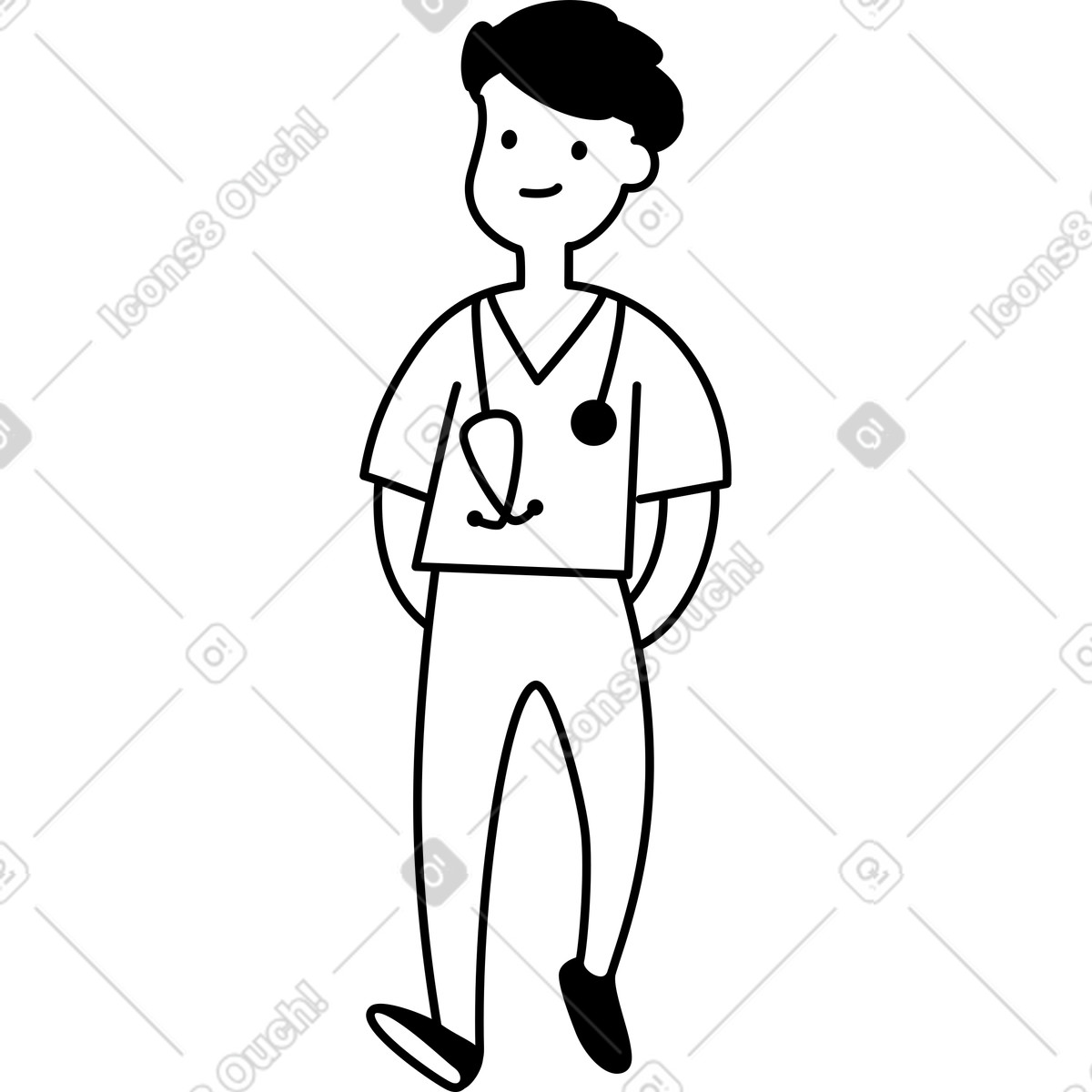 Ilustración Hospital staff doctor figure wearing scrubs and stethoscope around neck en estilo Notion Line Art a descargar en PNG y SVG