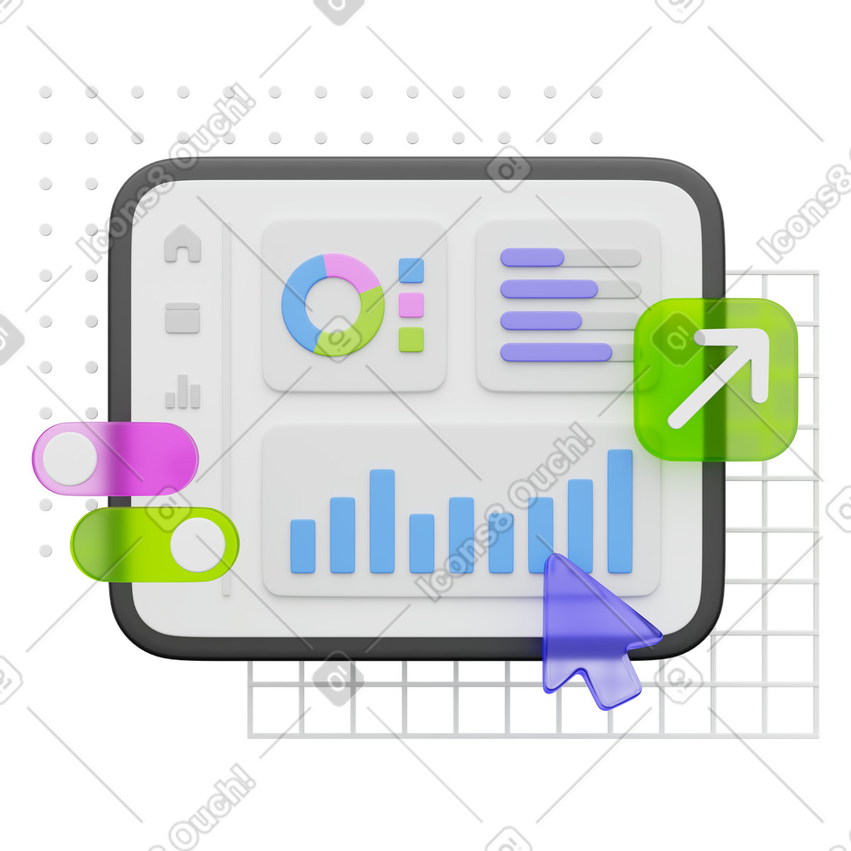 Analytics dashboard, Data visualization interface, Business metrics display illustration in 3D Playful style download in PNG, SVG