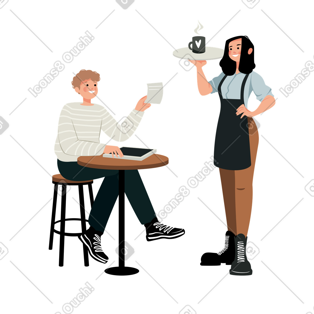 La cameriera porta il caffè a un cliente illustrazione in stile Lagom scarica in PNG, SVG