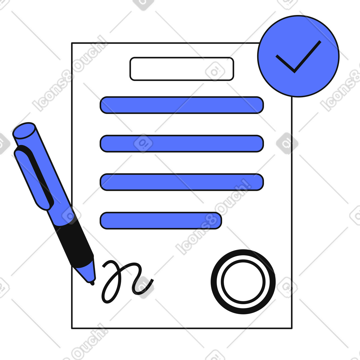 Contract signing approval document with pen and completed checklist mark illustration in Main style download in PNG, SVG