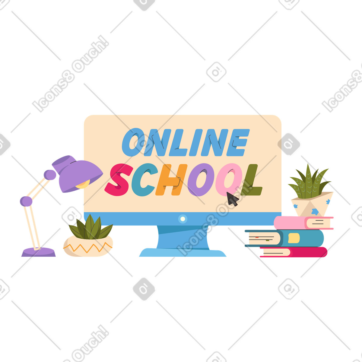 Online school text and lamp, books succulents next to the computer illustration in Dizzy style download in PNG, SVG