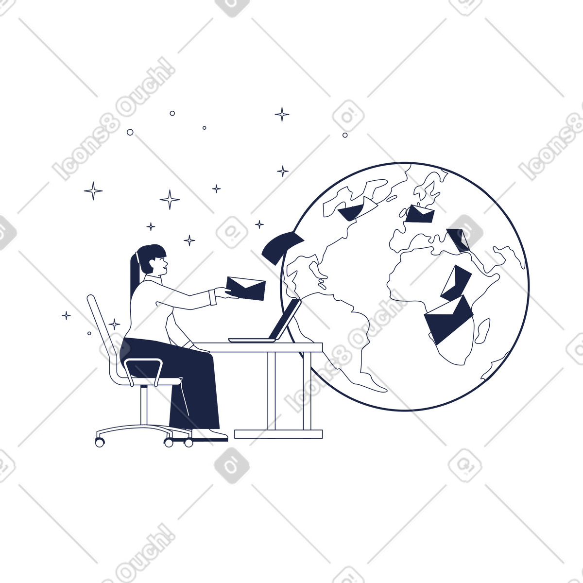 Ilustración Professional at desk sending mail globally, international messaging and online communication en estilo Urban Line a descargar en PNG y SVG