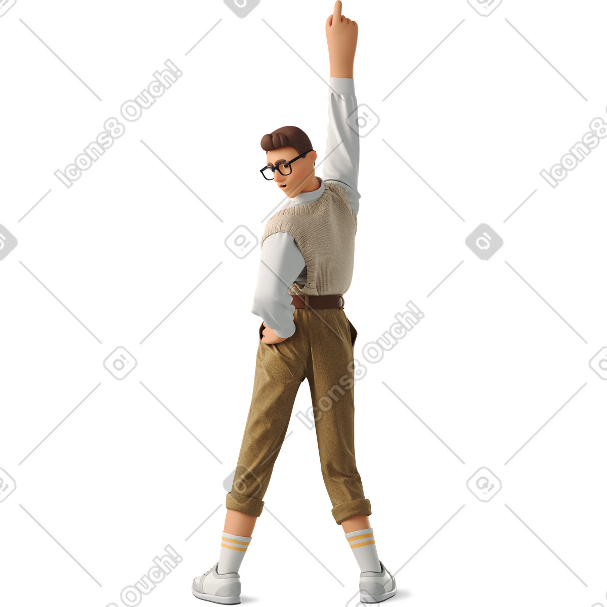 3D Business スタイルの Man dancing with index finger pointing up のイラストをPNG、SVG形式でダウンロード