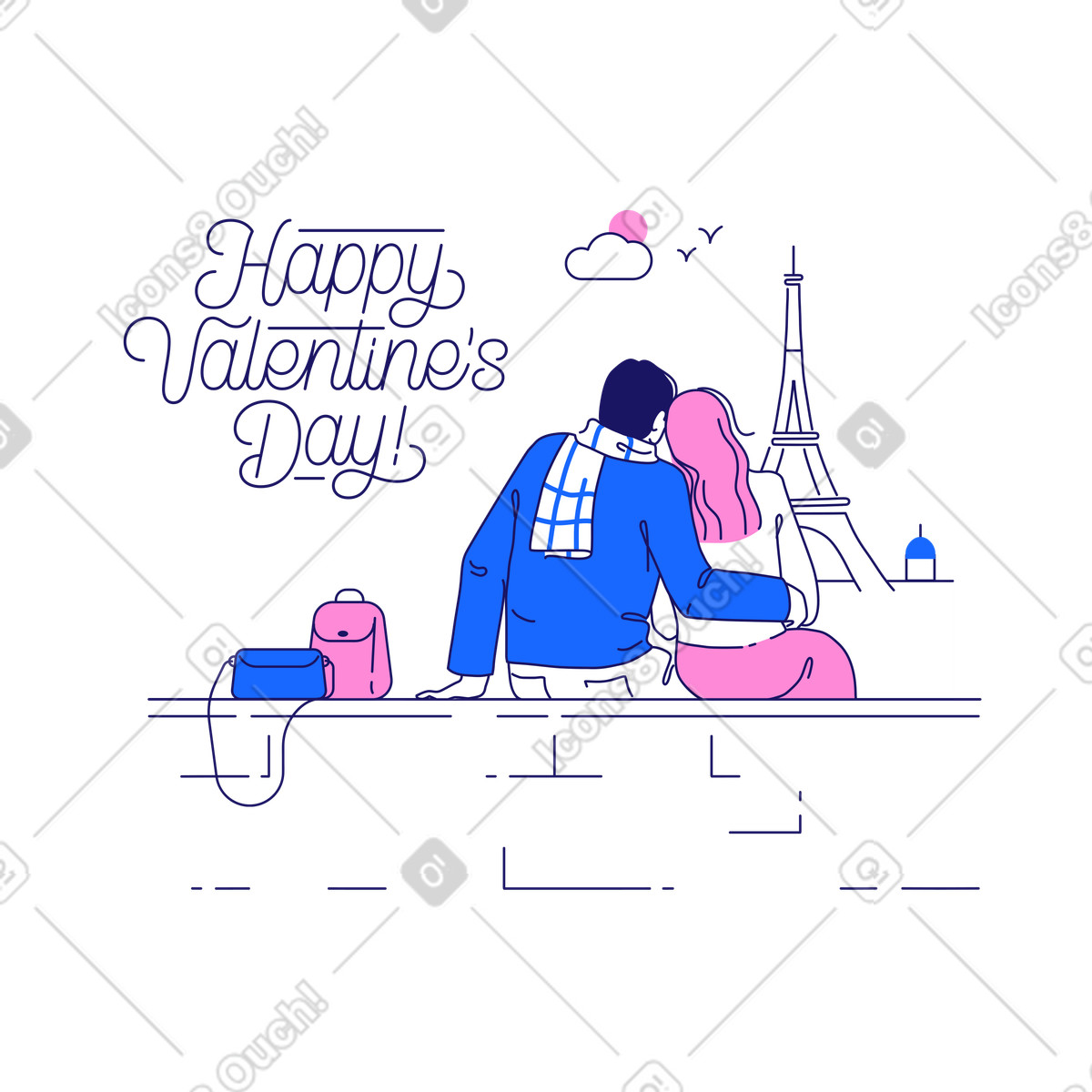 Romantic couple in Paris setting, Valentine's Day scene illustration Matey style download PNG, SVG