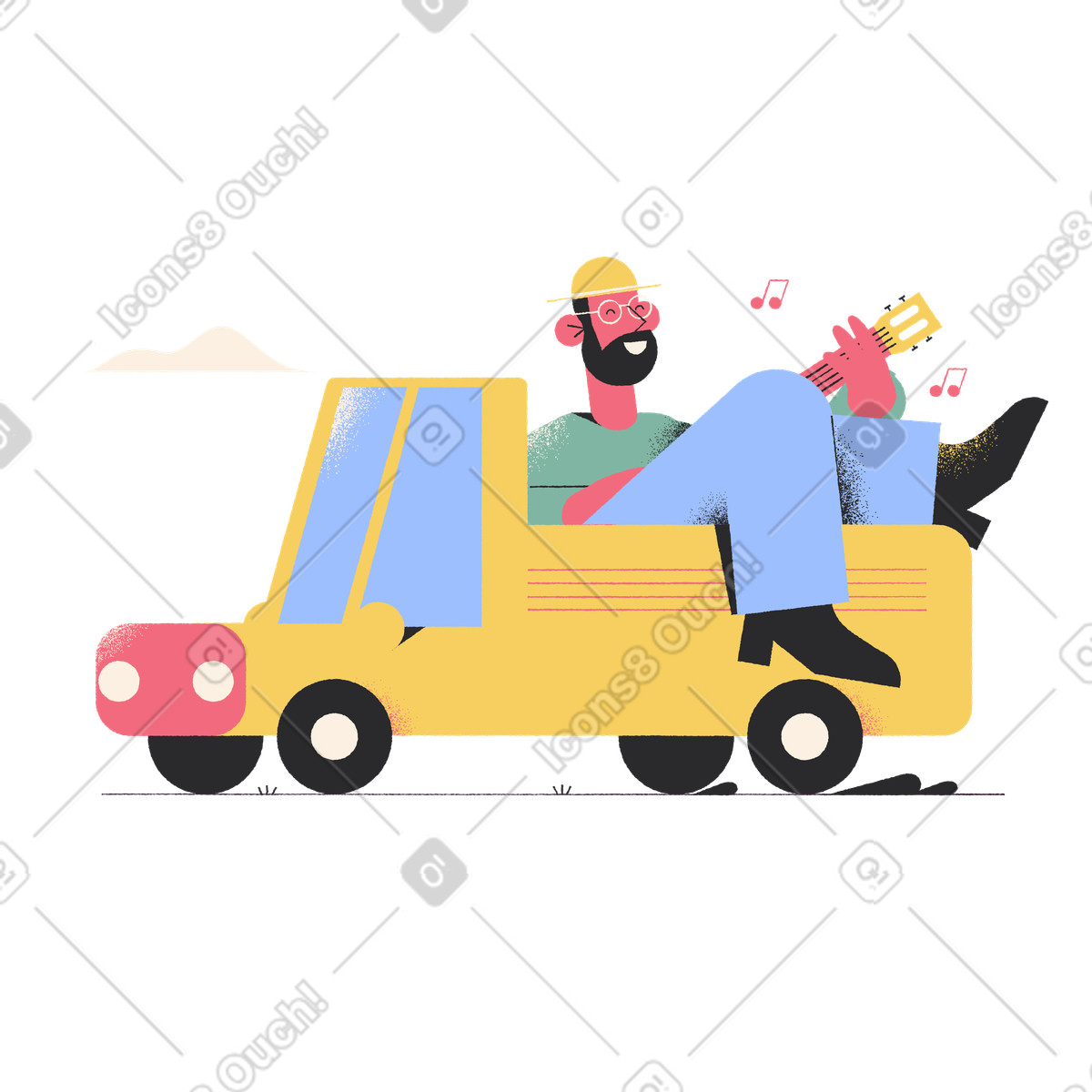 Uomo che suona la chitarra nel bagagliaio di un pick-up illustrazione in stile Pablo scarica in PNG, SVG