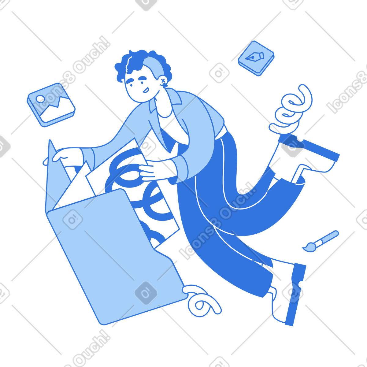 Giovane donna che mette insieme il suo portfolio illustrazione in stile Sky scarica in PNG, SVG