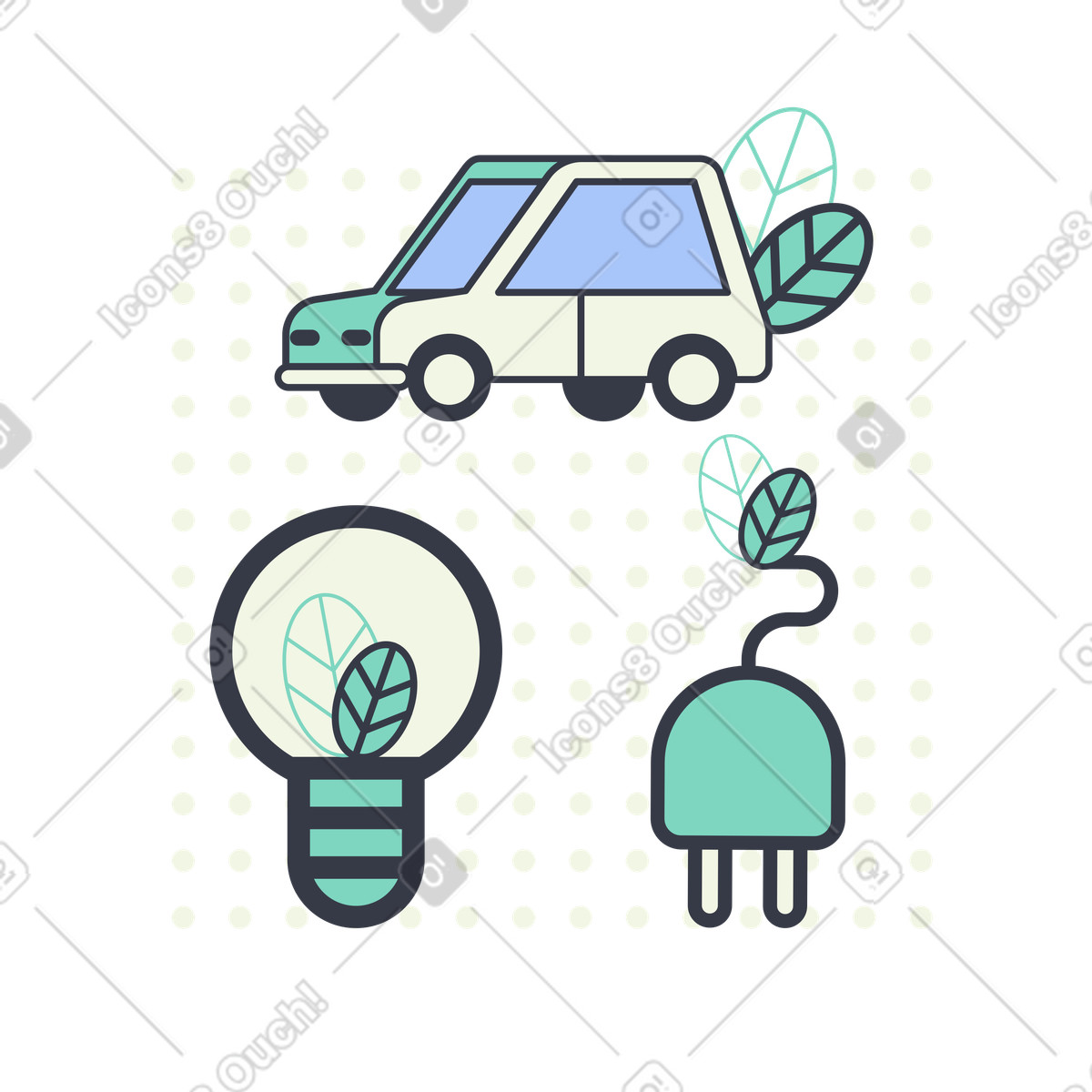 Auto eco-consapevole, lampadina sostenibile e spina di energia verde illustrazione in stile Abstract scarica in PNG, SVG