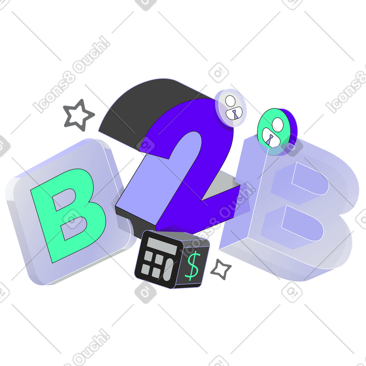 Schriftzug b2b mit geschäftsmann zeichen und taschenrechner text-Illustration im Incut-Stil als Download in PNG, SVG