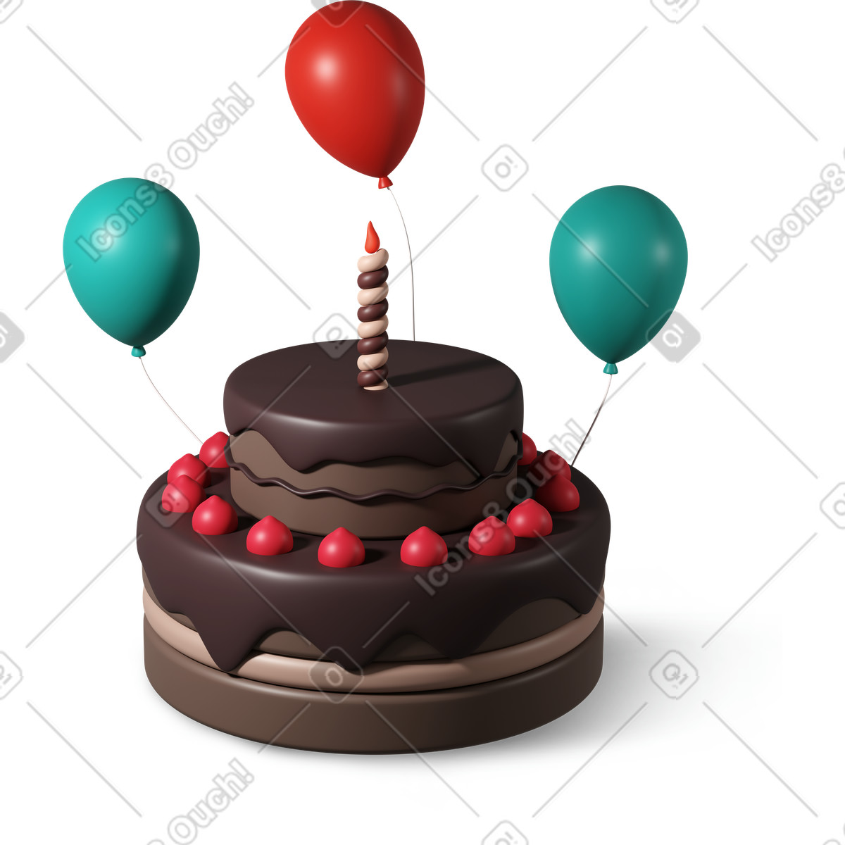 Torta di compleanno con palloncini illustrazione in stile 3D Plastic people scarica in PNG, SVG