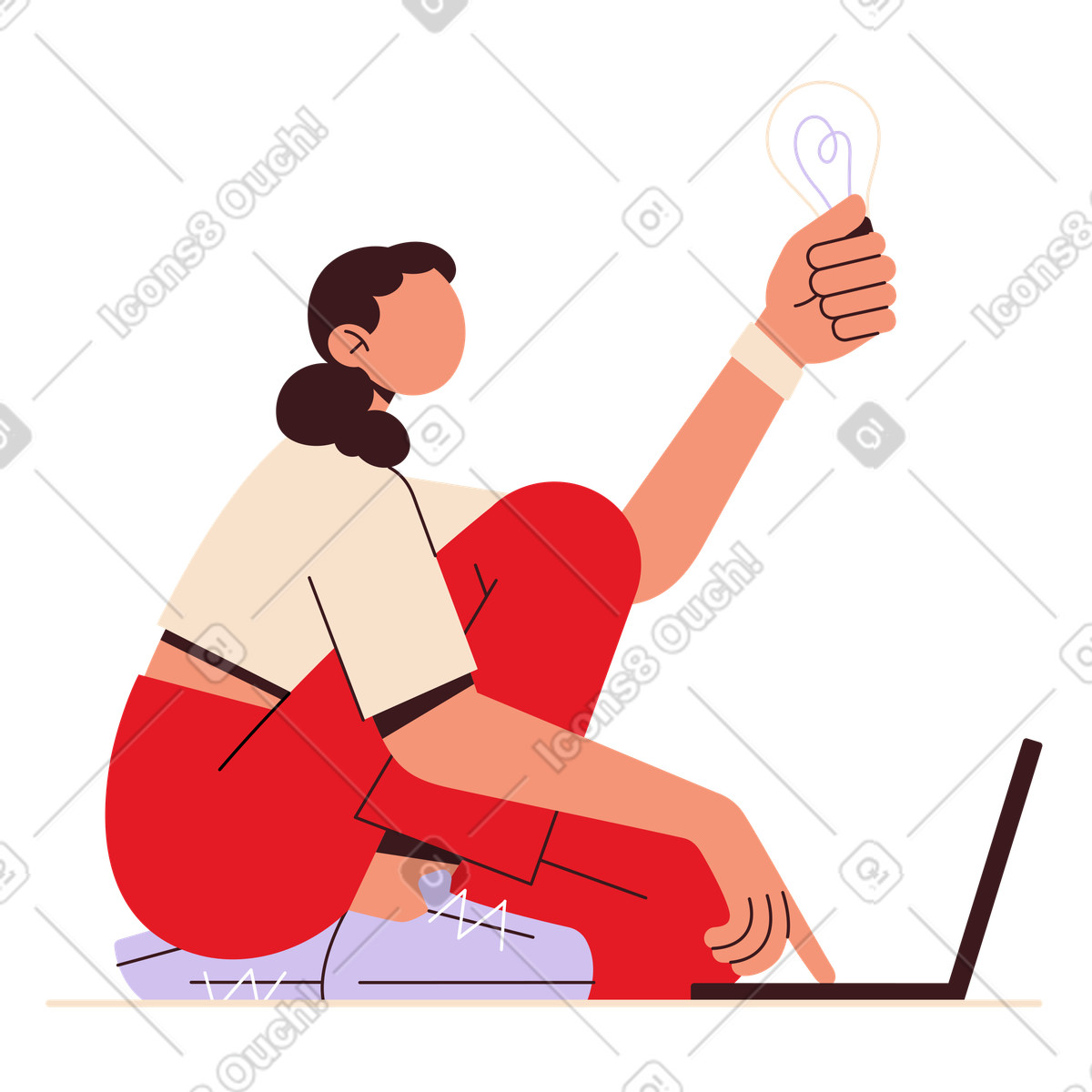 Innovator getting idea while using laptop illustrazione in stile Folks scarica in PNG, SVG