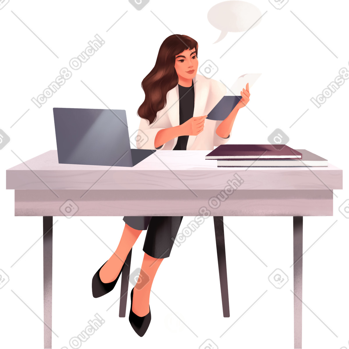 Girl works at her desk illustration in Demure style download in PNG, SVG