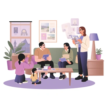 A real estate broker standing in a cozy living room, holding a property brochure. The broker is a middle-aged woman with shoulder-length brown hair, wearing a smart, professional outfit. She is animatedly pointing to images on the brochure. A family of four is seated on a comfortable sofa, listening intently. The father, with short black hair and a casual shirt, leans forward, showing interest. The mother, with long dark hair in a ponytail, is sitting next to him, holding a tablet in her lap. Two children, a boy with curly hair and a girl with braids, are sitting on the floor beside the sofa, glancing at the brochure. The living room is warmly decorated with soft lighting, a wooden coffee table, potted plants, and family photos on the walls. A large window lets in natural light, making the space feel inviting.
