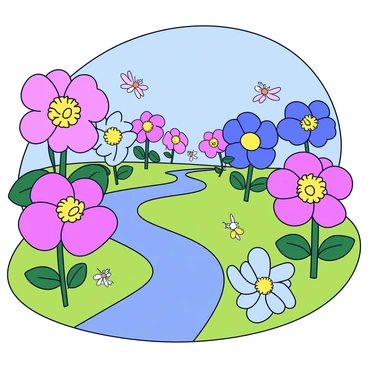 A magical garden filled with oversized flowers in vibrant colors like pink, blue, and yellow. The flowers have large, rounded petals and intricate details in their centers. Scattered throughout the garden are mystical creatures such as small fairies with delicate wings, each fluttering playfully among the blooms. A gentle stream flows through the garden, reflecting the bright colors of the flowers and creatures. Lush green grass carpets the ground, creating a vivid contrast with the colorful flora. The sky above is a clear blue, creating a bright and inviting atmosphere.