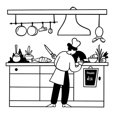 A chef in a professional kitchen stands at a stainless steel countertop, skillfully filleting a flounder. The flounder lies on a cutting board, with a sharp knife in the chef's hand. Various kitchen tools, including a meat mallet and a spoon, are organized neatly beside the chef. Pots and pans are hanging overhead, while a large stove with flames is visible in the background. The chef wears a traditional white apron and a chef's hat, focused on the task, surrounded by fresh herbs and vegetables on the counter. "Flounder dish" is written on a small chalkboard nearby.