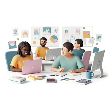 A group of diverse illustrators, consisting of individuals from different ethnic backgrounds, is engaged in a virtual meeting room. Each illustrator is sitting in front of their computer, with their screens showcasing various colorful illustrations and sketches. The room is filled with elements that represent creativity, such as art supplies like sketchbooks, colored pencils, and tablets scattered around. Each person's expression shows focus and enthusiasm as they share ideas and collaborate. The background features soft lighting that enhances the vibrant colors of their artworks displayed on the screens.