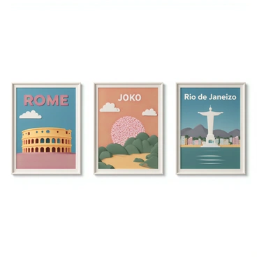 A collection of vintage travel posters displayed on a wall. One poster features "Rome" with an image of the Colosseum under a clear blue sky. The second poster showcases "Tokyo," featuring iconic cherry blossoms and the Tokyo Tower in the background. The third poster highlights "Rio de Janeiro," displaying the Christ the Redeemer statue with vibrant beaches and mountains around it. Each poster has bold, retro typography at the top with the destination names in large letters. The colors are warm and inviting, capturing the essence of each city.
