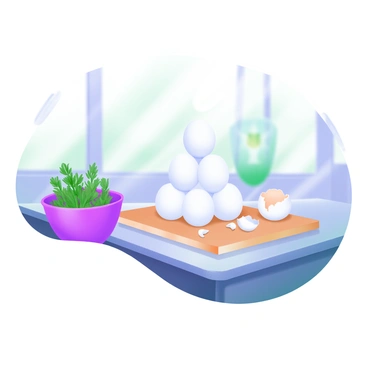 A perfectly balanced stack of eggs in a kitchen