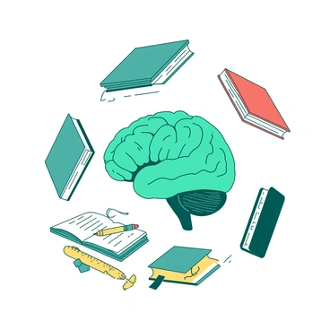 A teal brain is positioned centrally, surrounded by floating textbooks in various colors. The books are arranged in a circular formation, creating a sense of movement. Scattered around the brain, there are various stationery items including yellow pens, notebooks, and a ruler. The overall composition emphasizes the brain's connection to focus and knowledge, with the stationery elements highlighting the theme of learning.