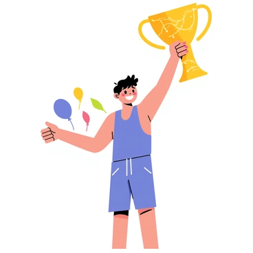 A person standing in a confident pose, proudly holding a shiny golden trophy above their head. The individual has short dark hair and is wearing a blue athletic outfit. A wide smile appears on their face, showcasing their joy and sense of accomplishment. In the background, colorful ribbons and balloons are visible, adding to the celebratory atmosphere. The trophy has intricate designs and gleams in the light, symbolizing victory and achievement.