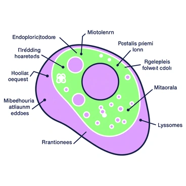 An illustration of an animal cell with labeled organelles. The cell is depicted with a distinct membrane surrounding it. Inside the cell, the nucleus is prominently displayed at the center, surrounded by a nucleolus. Other organelles include the endoplasmic reticulum, which is shown as a series of folded membranes, and the ribosomes scattered throughout. The Golgi apparatus is illustrated as a stack of flattened sacs, while mitochondria are present as oval structures with inner folds. Additionally, lysosomes are shown as small spherical bodies. Each organelle is clearly labeled with text that describes its name and function.