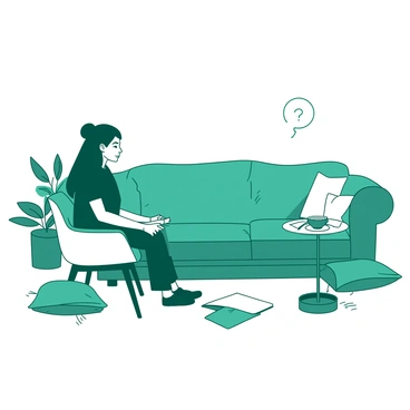 A teal room with a comfortable sofa where a client sits, facing a white counselor's chair. The counselor is leaning slightly forward, listening attentively, with a gentle expression on their face. A small white table beside the counselor holds a notebook and a teal cup of tea. Soft lighting creates a cozy atmosphere, enhancing the sense of warmth and safety in the space. A few teal and white cushions are scattered on the sofa, inviting a sense of ease.