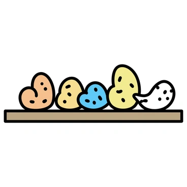 A wooden shelf with a smooth finish, showcasing a collection of unique sea shells. The shells vary in size and shape, featuring bright colors such as orange, blue, and yellow. Each shell has distinct patterns, including stripes and spots, reflecting their diversity. The shelf is positioned against a light background that enhances the vibrancy of the sea shells.