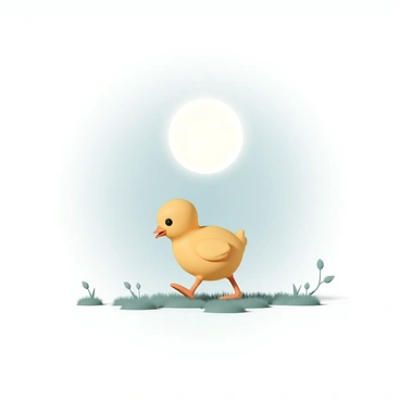 A small yellow chick, with fluffy feathers and bright black eyes, is strolling across a grassy surface. The chick's tiny feet leave soft imprints on the ground. Above, a full moon shines brightly in a clear night sky, illuminating the scene with a gentle glow. The moonlight casts long, delicate shadows of the chick on the grass, creating a tranquil atmosphere in the moonlit night.
