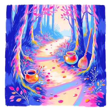 A winding path meanders through a dense forest. The ground is covered with fallen leaves, and the trees are tall with thick trunks, their branches forming a canopy overhead. Along the path, there are small markers made of twigs and stones, suggesting a hidden presence. A weathered broomstick leans against a tree, partially covered in moss. Nearby, an old cauldron rests among the roots, with herbs and wildflowers surrounding it. An eerie, yet inviting light filters through the leaves, creating dappled shadows on the ground.