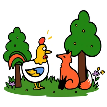 A rooster with colorful feathers and a bright red comb is standing in a sunny forest clearing. He has a surprised expression on his face as he looks at a fox with orange fur and a bushy tail. The fox is sitting on his haunches, appearing friendly and approachable. They are surrounded by green trees and blooming flowers, symbolizing a newfound friendship. The rooster and the fox have their heads tilted slightly towards each other, suggesting they are in a conversation, having resolved a misunderstanding. There is a light breeze, making the leaves rustle gently.