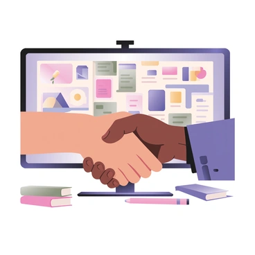 A digital flat illustration depicting two hands shaking in the foreground. One hand is light-skinned and the other is dark-skinned, symbolizing collaboration and unity. In the background, there is a large screen displaying a vibrant and colorful completed illustration project, showcasing various design elements such as shapes, patterns, and characters. The screen is framed by a modern workspace with tools such as pens and sketchbooks visible around the base. The setting conveys a sense of accomplishment and teamwork in the creative process.
