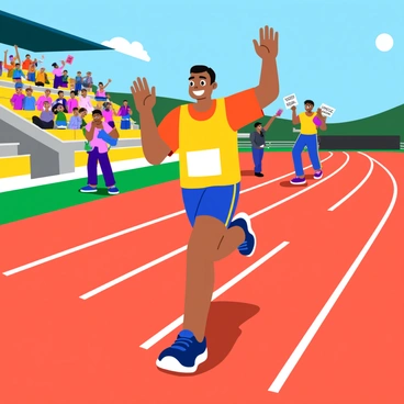 An athlete wearing a bright, colorful jersey and matching shorts is taking a triumphant victory lap around a running track. The athlete is smiling widely, raising one hand high in the air while waving to the cheering crowd. In the background, there are excited spectators in the stands, some holding up signs and banners to show their support. The sun is shining brightly, casting shadows on the track, which is marked with white lines. The atmosphere is filled with celebration and energy.