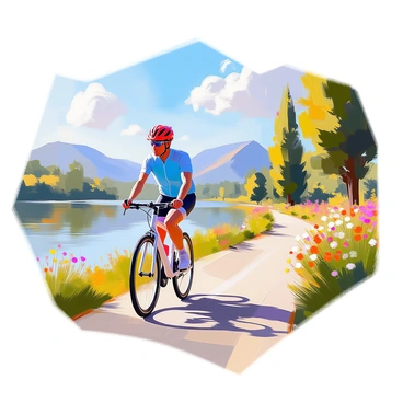 A cyclist wearing a bright red helmet and a blue jersey is pedaling along a scenic path. The path runs parallel to a large, tranquil lake that reflects the sky. Lush greenery, including tall trees and colorful wildflowers, borders the pathway. In the background, distant mountains rise against the horizon, and a few fluffy white clouds float in the blue sky. The cyclist appears focused and determined as they navigate the winding trail beside the shimmering water.