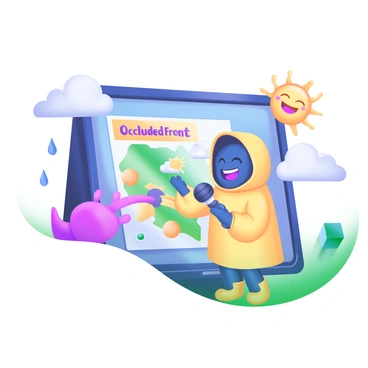 A cartoon character with a cheerful expression is standing in front of a television screen displaying a weather map. The character is wearing a bright yellow raincoat and holding a microphone. They are pointing to an "occluded front" illustrated on the map with vibrant colors, showing different weather patterns. Surrounding the character are playful cartoon clouds, raindrops, and a cheerful sun peeking out from one corner of the screen. The overall composition conveys an engaging weather report atmosphere.