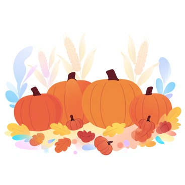 A vibrant pumpkin patch features a variety of pumpkins in different sizes, ranging from small to large, scattered across the ground. The pumpkins display various shades of orange, some with unique textures and shapes. The ground is covered with a colorful bed of fallen leaves, showcasing hues of yellow, brown, and red. Sunlight filters through the trees above, creating a warm glow that highlights the pumpkins and leaves. In the background, a few tall corn stalks add texture to the scene.