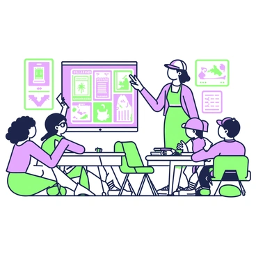 A classroom filled with students engaged in a lesson about famous Canadian illustrators. In the foreground, several students are seated at their desks, looking attentively at a large screen displaying a colorful slide presentation. The slide features images of various illustrative works alongside the names of the artists. One student, a girl with curly hair wearing glasses, raises her hand to ask a question. Another student, a boy with a baseball cap, is taking notes in a notebook. The teacher stands at the front, pointing towards the screen while explaining an illustration. The classroom is decorated with posters of illustrations and art supplies are scattered on the desks.