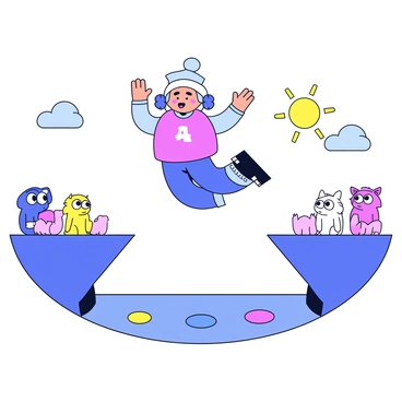 A cartoon character with a round body and oversized shoes is in mid-air, arms flailing as they attempt to jump across a gap. The character has a comically exaggerated facial expression showing surprise and determination. Below them is a wide gap with colorful markings on the ground, indicating where they are trying to land. The background features a simple landscape with fluffy clouds and a bright sun. A small group of cartoon animals watches with wide eyes, adding to the humorous scene.