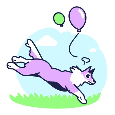A borzoi is playfully leaping in a grassy field, looking up at "colorful balloons" floating in the sky. The dog's long, slender body is in motion, with its fur flowing gracefully. The balloons are various shapes and sizes, hovering above at different heights. In the background, there is a clear blue sky dotted with a few fluffy clouds. The borzoi's eyes are focused on the nearest balloon, and its ears are perked up in excitement. The scene captures a sense of playful energy and joy.
