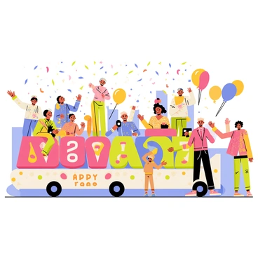 A vibrant street parade with colorful floats and performers celebrating the New Year. The floats are adorned with bright decorations, featuring oversized numbers and festive patterns. There are performers dressed in elaborate costumes, including dancers with glittering outfits and musicians playing joyful tunes. Balloons in various shapes and sizes float above the crowd, while cheerful spectators wave to the performers. The atmosphere is filled with excitement and energy as confetti falls from the sky, creating a festive scene.