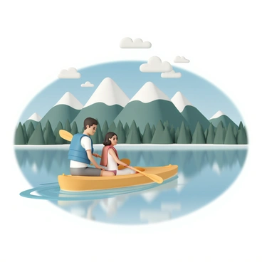 A couple, a man and a woman, are sitting in a small yellow kayak on a tranquil lake. The man is wearing a blue life jacket and gray shorts, while the woman is dressed in a red life jacket and a white tank top. They are both smiling and paddling in sync. The lake is clear, reflecting the surrounding mountains, which are covered in lush green trees and topped with patches of snow. A few fluffy white clouds float in the blue sky above, completing the serene scene.