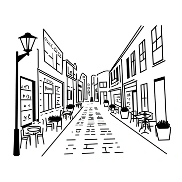 A quaint cobblestone street stretches through the scene, winding gently as it disappears into the distance. On either side, there are charming shops with large windows displaying various goods, such as handmade crafts and local delicacies. Small cafes with outdoor seating are set up along the sidewalk, featuring tables and chairs where patrons can enjoy their drinks. Flower boxes are placed beneath the windows, overflowing with blooms. The architecture of the buildings showcases a mix of styles, with some featuring intricate wooden facades and others adorned with decorative tiles. A vintage lamp post stands at the corner, casting soft shadows across the cobblestones.