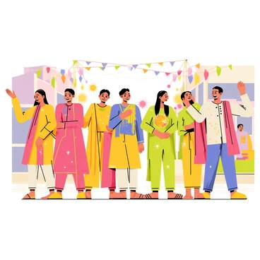 A group of people wearing traditional Indian dresses, including colorful sarees and kurta-pajamas. Their outfits are richly decorated with intricate patterns and designs. They are joyfully celebrating Holi, with vibrant splashes of pink, yellow, green, and blue colors covering their clothing and faces. Some individuals are playfully throwing colored powders into the air, creating a festive atmosphere. The background features a bustling street with decorations adding to the celebratory vibe.