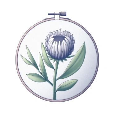 A circular fabric hoop displaying a detailed embroidery design of a "King Protea." The flower is prominent in the center, showcasing its large, spiky petals and distinctive shape. Surrounding the flower, there are several green leaves, intricately stitched to resemble their natural texture. The fabric background is taut within the hoop, accentuating the vivid details of the embroidery. The hoop itself has a wooden finish, adding a touch of warmth to the overall composition.