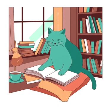A teal cat is sitting on a plush, orange velvet cushion in a cozy library. The cat is intently reading an open book placed in front of it, with its paws gently resting on the pages. Surrounding the cat, there are tall wooden shelves filled with numerous books of various sizes and colors. Soft light filters in from a nearby window, casting a warm glow over the scene, enhancing the inviting atmosphere of the library. A small orange reading lamp sits on a side table adorned with a teal coffee cup.