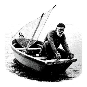 An elderly fisherman with a weathered face and gray hair is sitting in a wooden boat. He is focused intently on casting his net into the water. The boat has detailed textures, showing its wooden planks and worn edges. The sea surrounding him is covered in a light mist, creating a sense of depth and atmosphere. The fisherman is wearing a simple fishing outfit, with sturdy boots and a cap. His net is spread wide, showcasing the intricate knots and mesh pattern as it descends into the water. The overall scene conveys a moment of quiet determination in the early morning.