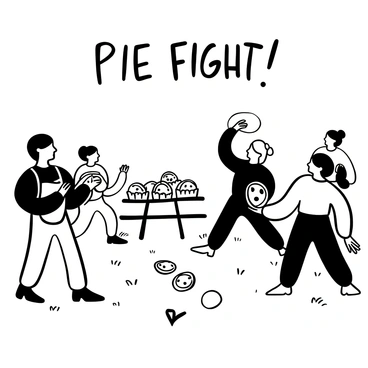 A lively pie-throwing contest taking place in a park. Several participants are positioned across from each other, holding colorful pies in their hands. One participant, with short hair, is winding up to throw a pie, while another, wearing an apron, is readying to catch the incoming pie. There are splatters of pie filling on the grass and a picnic table in the background filled with more pies. Laughter and excitement fill the atmosphere as spectators cheer on the competitors. "Pie Fight!" is written in bold letters above the scene.