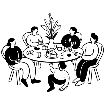 A family sitting around a large wooden table, sharing a meal. The table is adorned with various dishes made with Amul products, including butter, cheese, and milk. There are glasses filled with milk, and a plate of sliced bread topped with butter. Surrounding the table are family members of different ages, some holding utensils and others reaching for food. The atmosphere shows warmth and togetherness, with elements like flowers in a vase in the center and a cozy setting.