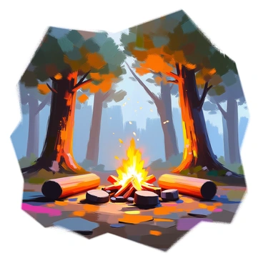 A mystical forest scene featuring a glowing campfire at the center, surrounded by logs arranged for seating. The campfire emits warm, flickering light that casts gentle shadows on the nearby trees. Tall, lush trees with thick green foliage create a canopy overhead, while the ground is covered in soft moss and fallen leaves. Twinkling lights, resembling fireflies, hover around the scene, adding a magical ambiance. In the background, the silhouettes of more trees create depth, while a hint of a starry sky is visible through the branches above.